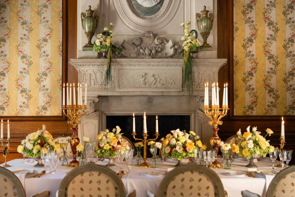 A blush, sage and gold wedding table setting photographed at Château de Mirambeau