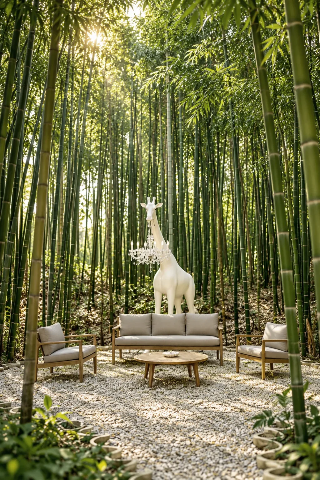 Garden sofas and a white giraffe sculpture in a clearing of the bamboo forest