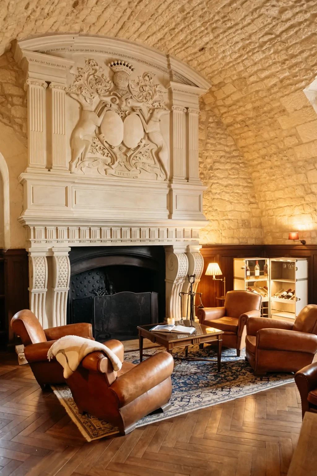 The Cognathèque with its carved stone fireplace, vaulted ceiling and leather club chairs