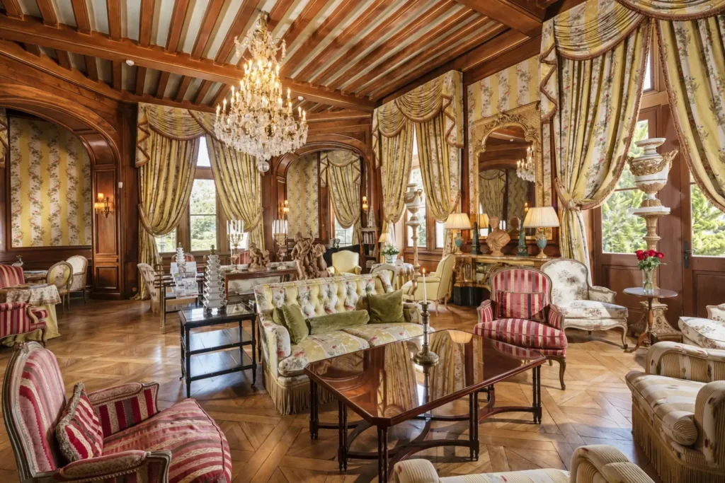 The Grand Salon with its beamed ceiling, crystal chandelier, striped armchairs and silk curtains