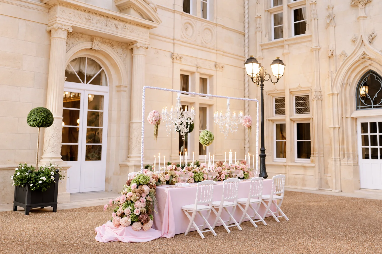 A long table dressed in pink with flowers, candles and crystal chandeliers in the inner courtyard, before the arched doors of the château