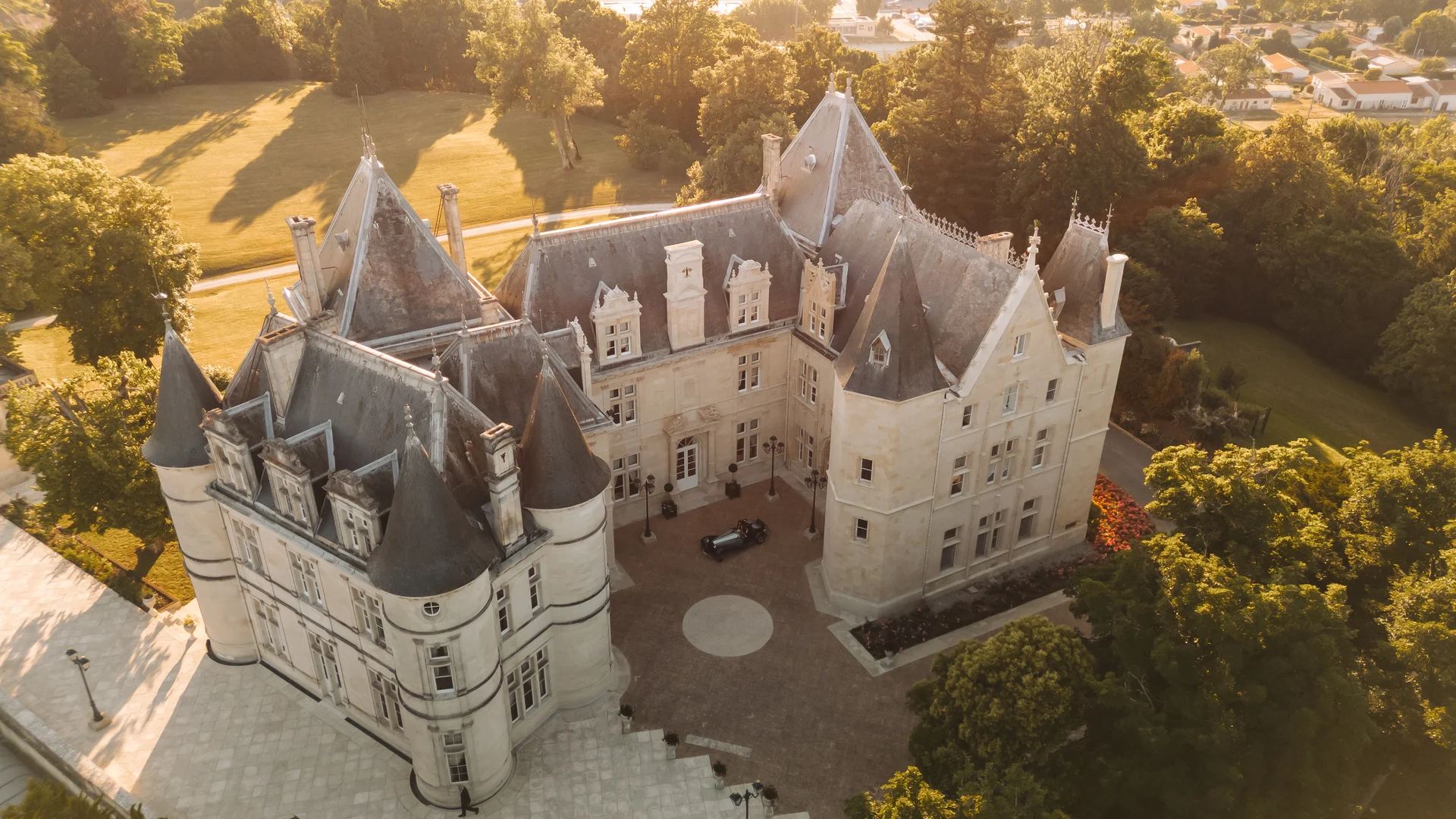 Aerial view of the château estate and the surrounding countryside
